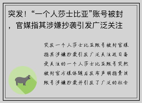 突发！“一个人莎士比亚”账号被封，官媒指其涉嫌抄袭引发广泛关注