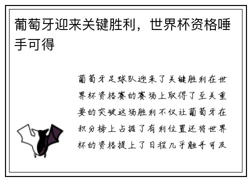 葡萄牙迎来关键胜利，世界杯资格唾手可得