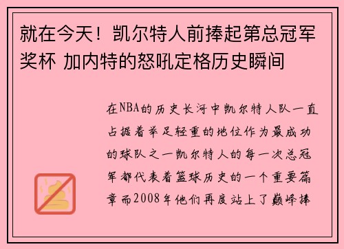 就在今天！凯尔特人前捧起第总冠军奖杯 加内特的怒吼定格历史瞬间