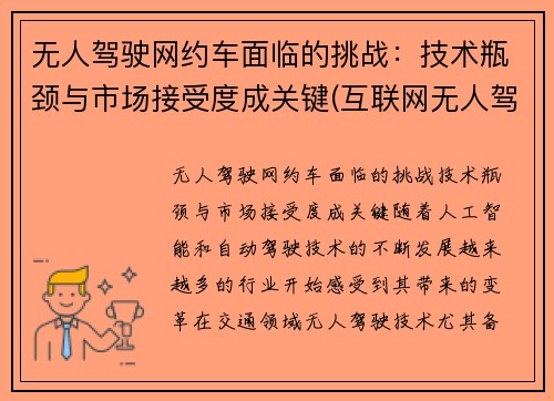 无人驾驶网约车面临的挑战：技术瓶颈与市场接受度成关键(互联网无人驾驶)