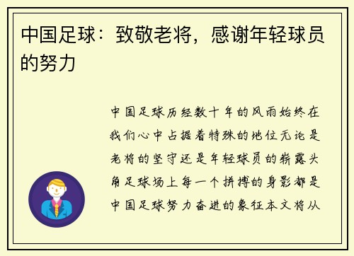 中国足球：致敬老将，感谢年轻球员的努力