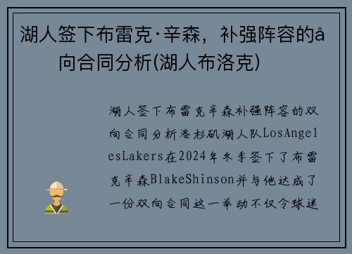 湖人签下布雷克·辛森，补强阵容的双向合同分析(湖人布洛克)
