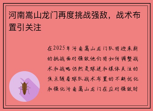 河南嵩山龙门再度挑战强敌，战术布置引关注